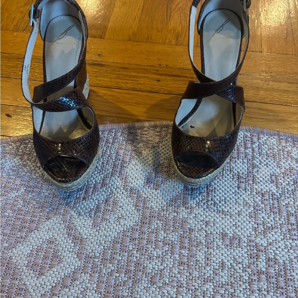 Brian Atwood Dark Brown Peep-Toe Wedges
